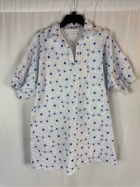 Adrienne  White Mini Dress with Blue Daisy Print Size:L cotton